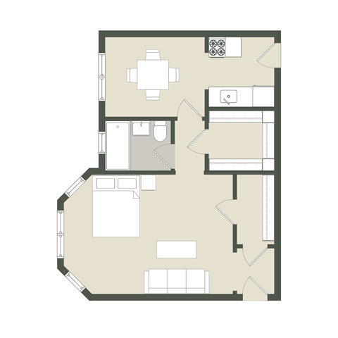 Floor plan for studio, 1 bath, 581 sqft
